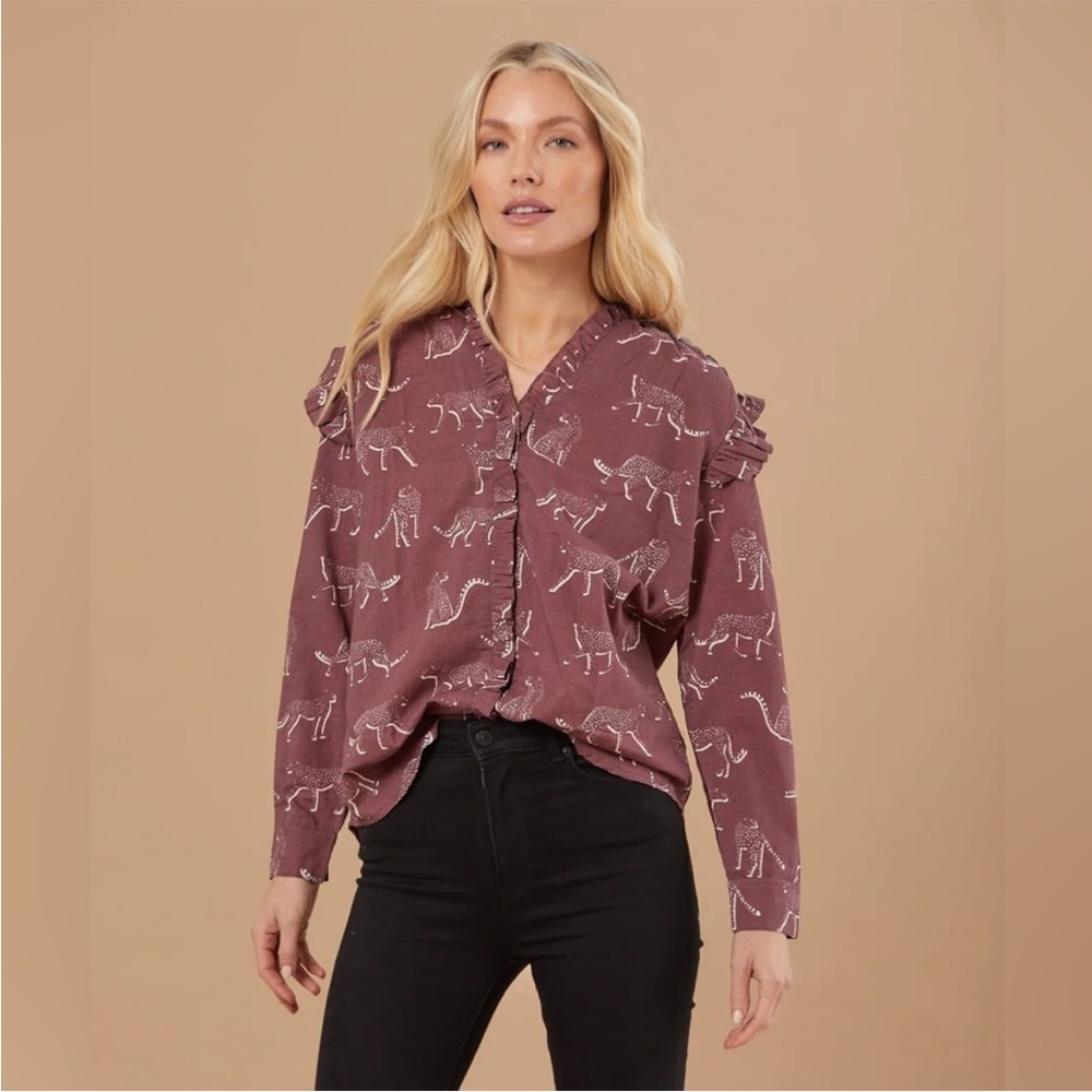 Womens Mauve Printed Ruffle-Shoulder Blouse